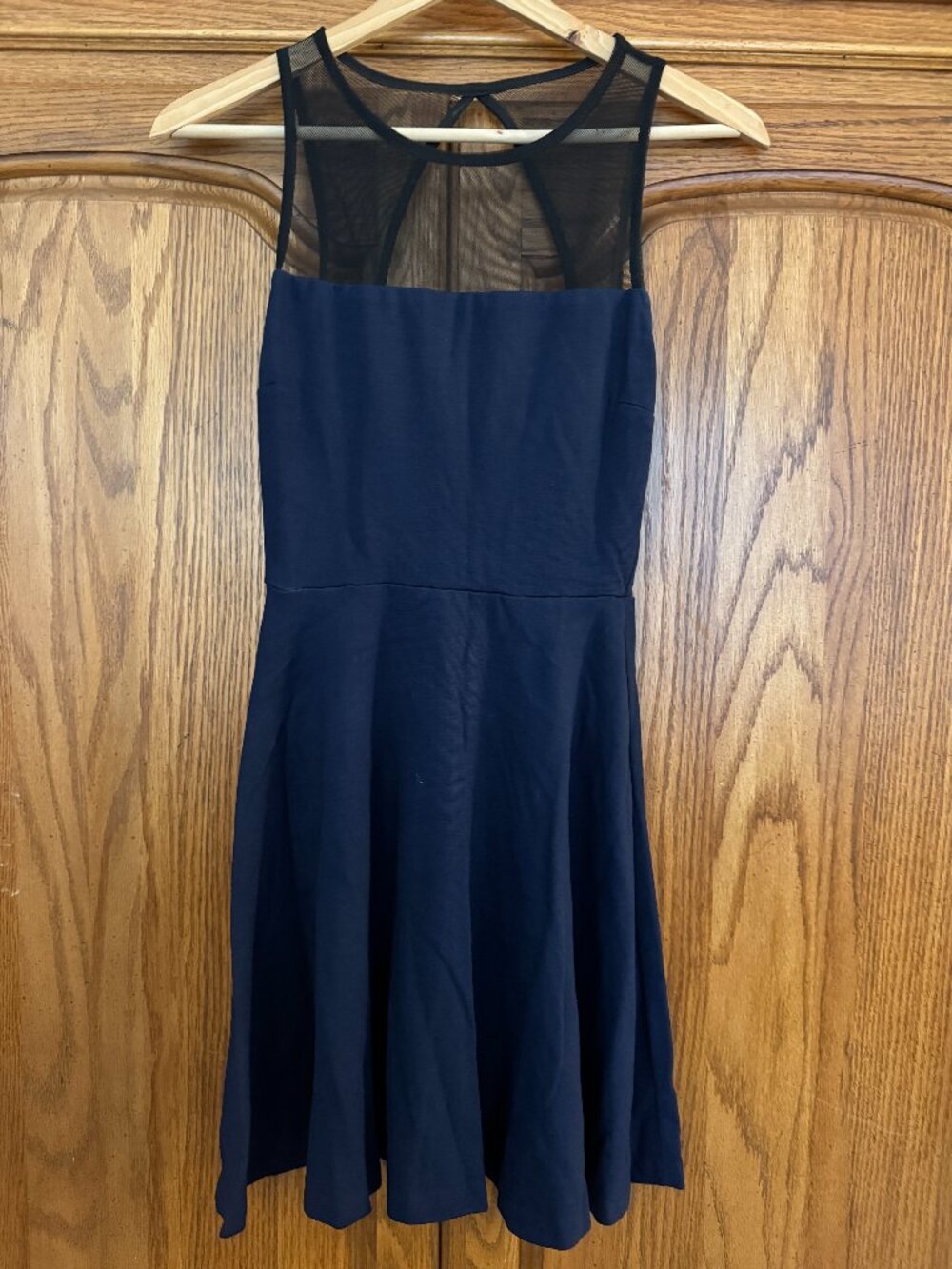 love...ady Navy Blue Fit-and-Flare Dress with Sheer Black Yoke